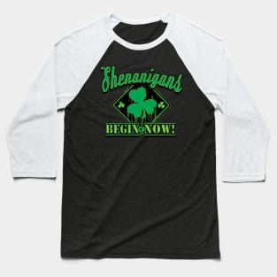 Warning Shenanigans Begin Now Dripping Shamrock Baseball T-Shirt